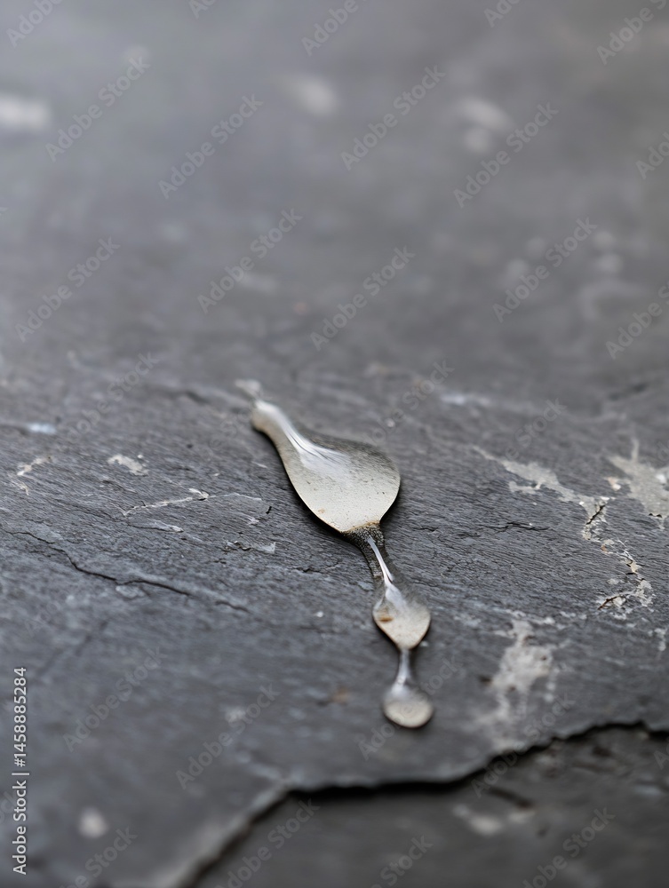 Poster close-up of a viscous, transparent liquid dripping onto a dark gray slate surface, creating an abstr