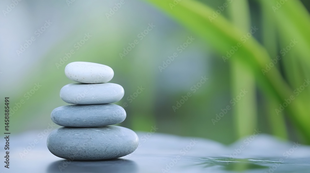 Poster Serene Stack of Grey and White Stones on a Reflective Surface, with a Blurred Green Background Evoking Tranquility and Balance. : Generative AI