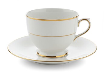 Elegant white teacup and saucer with gold trim on a white background, perfect for a tea party or afternoon tea