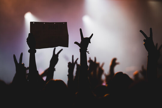 Silhouettes of hands in a concert in a club
