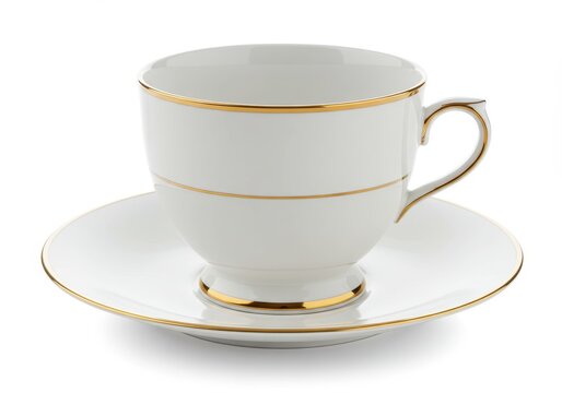 Elegant white teacup and saucer with gold trim on a white background, perfect for a tea party or afternoon tea