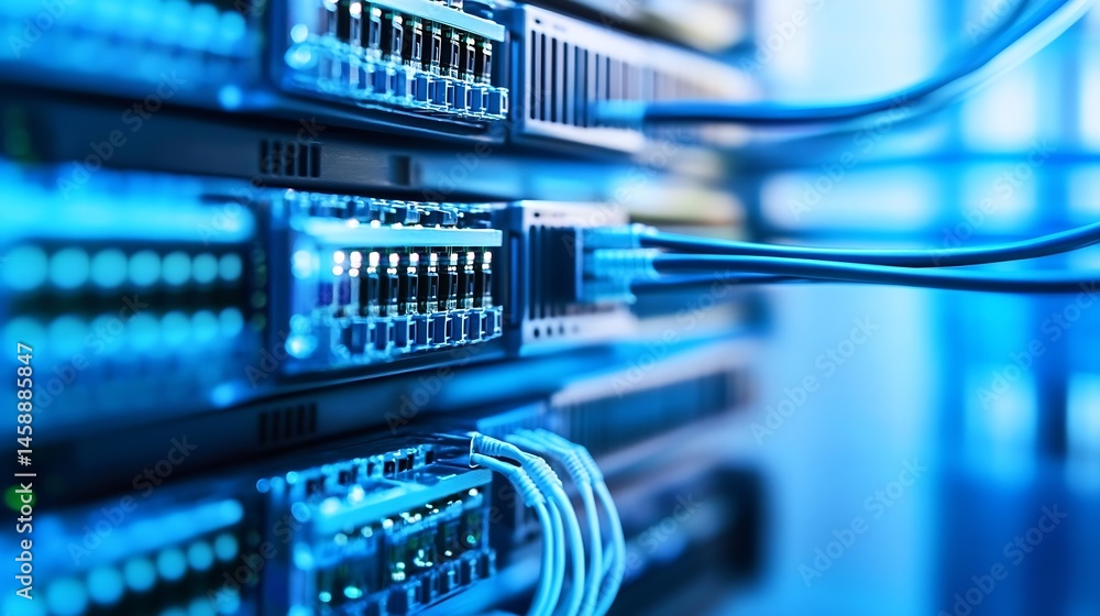 Poster Close-up view of network server rack with fiber optic cables connected, showcasing technology and data infrastructure. : Generative AI