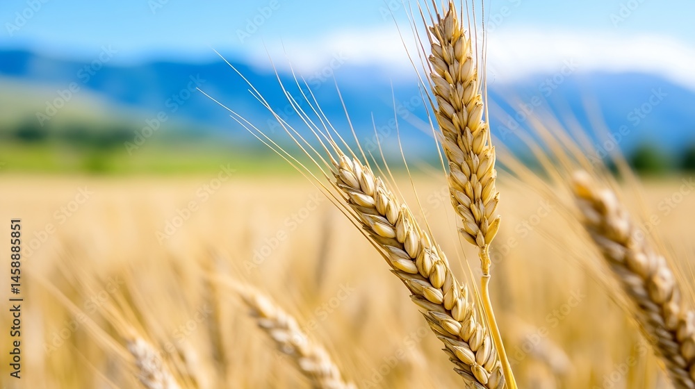 Poster close-up of two ripe wheat stalks in a golden field, with a blurred background of blue mountains und
