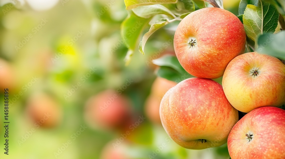 Poster Close-up view of ripe red and yellow apples hanging on a tree branch, surrounded by lush green leaves in an orchard setting.  The apples show variations in color and texture, suggestin : Generative AI