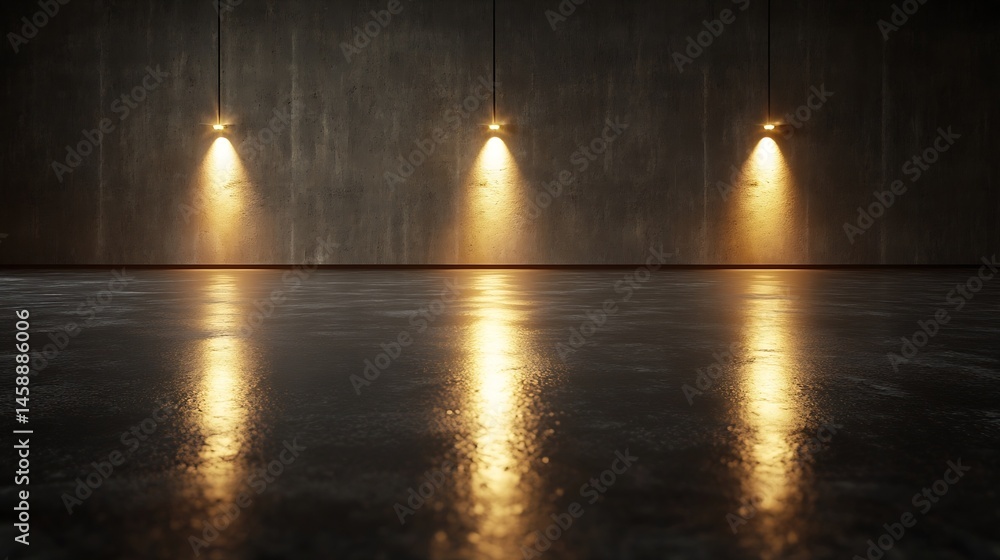 Poster Three illuminated spotlights cast warm golden light onto a sleek, dark polished concrete floor against a textured concrete wall, creating a dramatic and moody atmosphere. : Generative AI
