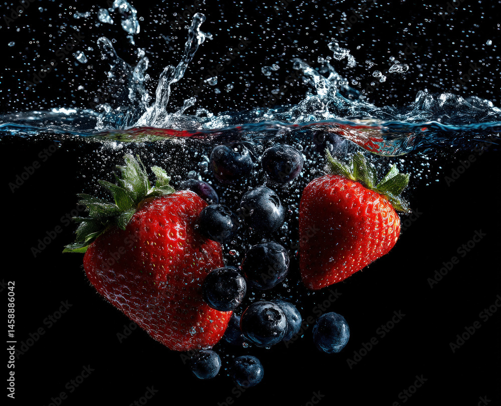 Aufkleber Two ripe strawberries and several blueberries submerged in water, creating dynamic splashes and air bubbles against a stark black background.  The vibrant red and deep blue contrast beautifully.