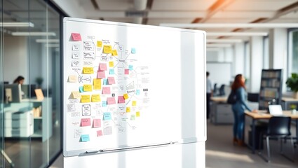 Team collaboration and brainstorming discussion in modern office with sticky notes
