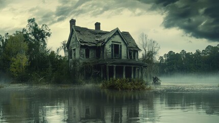 Obraz premium A haunting, abandoned house partially submerged by swamp waters, its once proud structure now overtaken by wild nature, symbolizing the clash between human history 