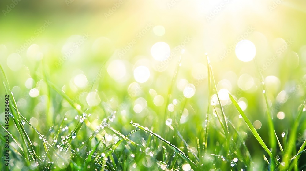 Aufkleber Close-up view of dew-covered blades of grass illuminated by morning sunlight, creating a vibrant and refreshing natural scene. : Generative AI