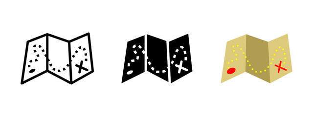 Treasure map icon. Folded paper map with dotted path and red X vector illustration. Adventure navigation and exploration route symbol. Journey, travel and destination guide sign. Old map pictogram.