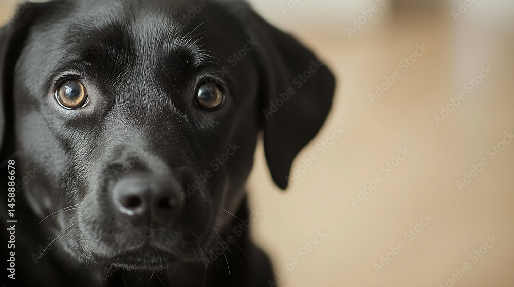 Poster close-up portrait of a black labrador retriever puppy, showcasing its expressive brown eyes and soft