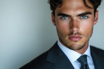 Close-up portrait of a handsome man with blue eyes, wearing a dark suit and tie.