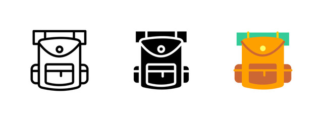 Backpack icon. Travel bag with mat roll vector illustration. Hiking or camping backpack sign. Tourism and outdoor luggage symbol. Journey and adventure equipment pictogram.