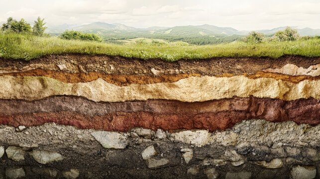 A highly detailed and realistic soil profile in a cross-section view, revealing multiple layers of sediment. 