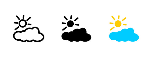 Weather icon. Sun partially hidden behind a fluffy cloud vector illustration. Bright day, partly sunny forecast and atmospheric nature symbol. Sky and climate condition sign. Weather pictogram.