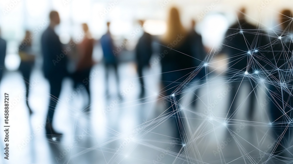 Poster abstract network connections over blurred business people in modern office space, representing globa
