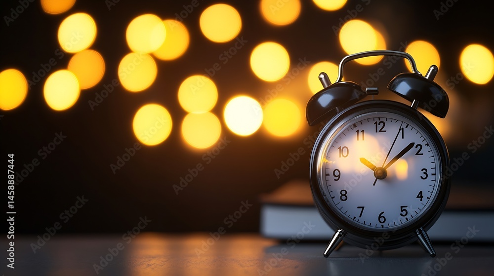 Poster classic black alarm clock on a table at night, illuminated by warm bokeh lights, suggesting a peacef