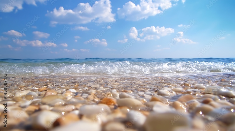 Poster close-up view of a gentle wave washing over smooth, colorful pebbles on a beach under a bright, sunn