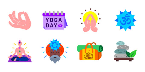 Yoga and meditation icon set. Collection of spiritual colorful elements like asanas, chakras, om symbol, guru and yoga accessories. Mindfulness and balance symbol. Harmony sign. Inner peace pictogram.