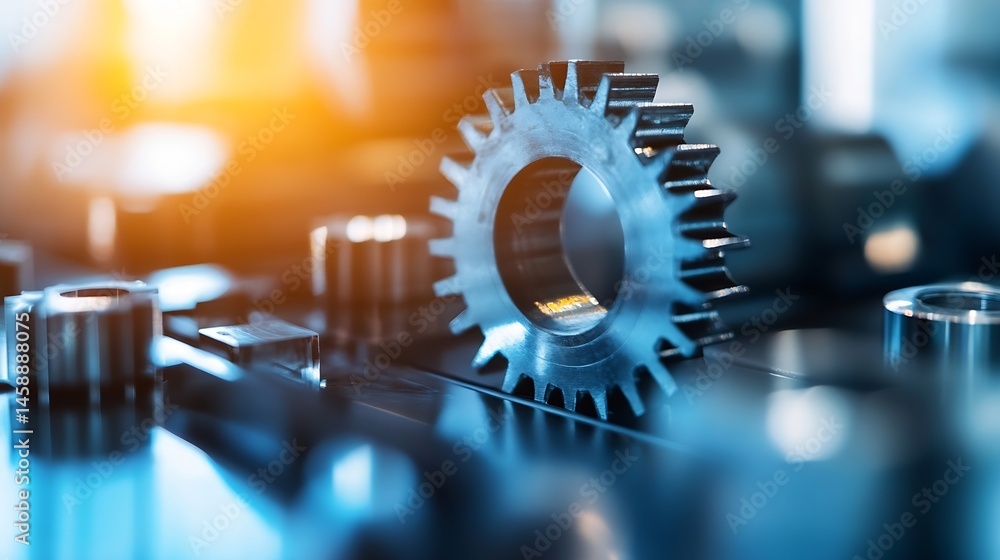 Aufkleber Close-up of a single metallic gear, sharply focused, resting on a reflective surface with blurred industrial background; showcasing precision engineering and intricate details. : Generative AI