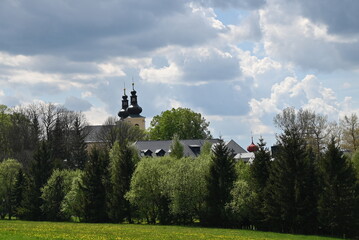 Scenic view of the Monastery of the Mount of the Mother of God (Hora Matky Boží) above the town...