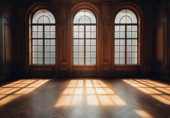 Fototapeta premium Sunlight Illuminates Grand Room with Arched Windows and Dark Wood Paneling