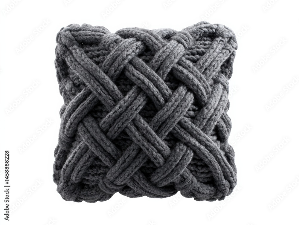 Poster Close-up of a chunky, gray knitted throw pillow with a unique braided pattern, perfect for adding texture and warmth to any room's decor.