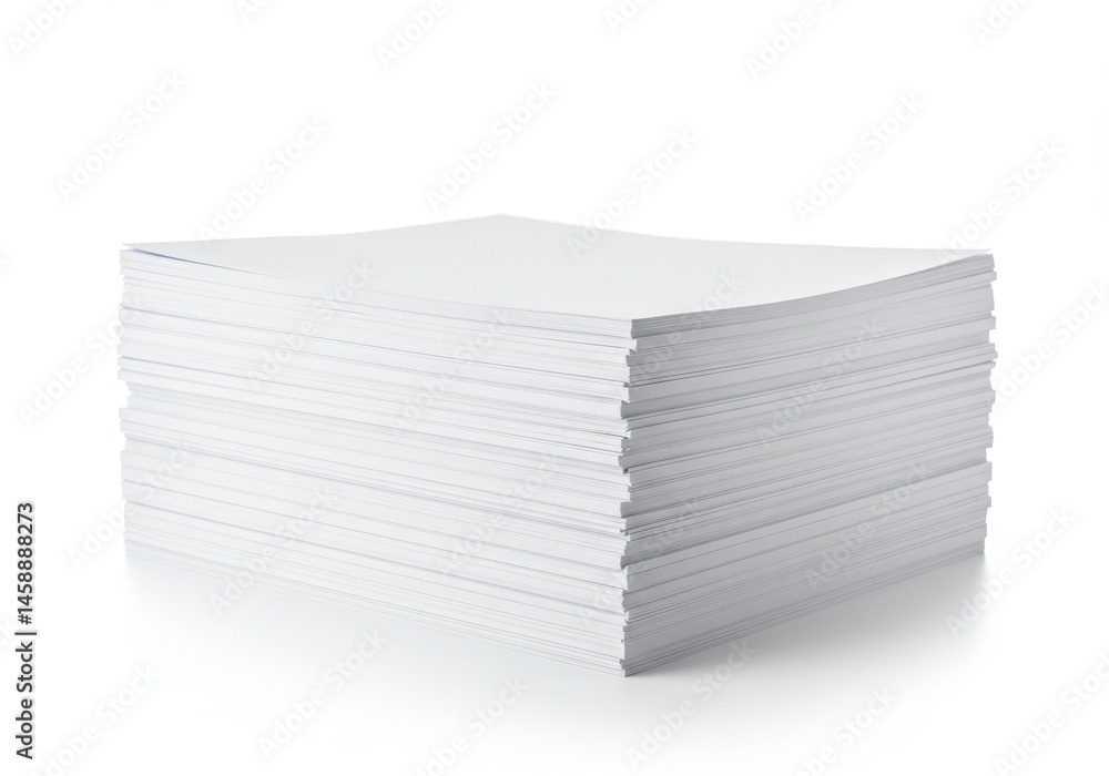 Poster stack of plain printer paper on a white background, ready for printing documents and reports