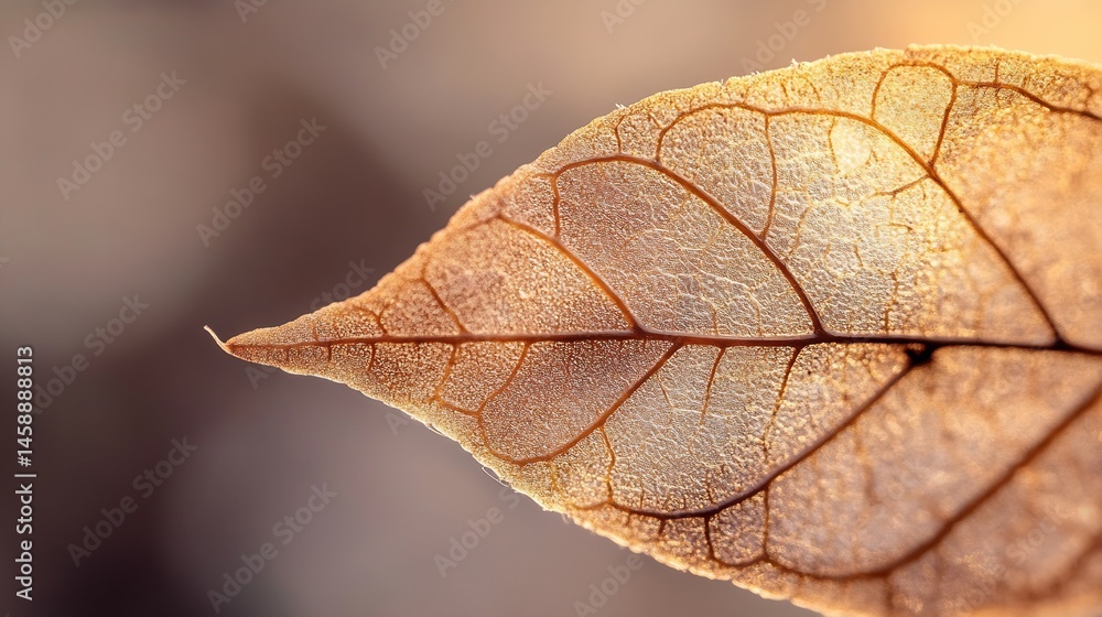 Aufkleber Close-up of a translucent, dried leaf, showcasing intricate vein patterns and a warm, golden-brown hue against a blurred background.  The delicate texture is highlighted by backlightin : Generative AI