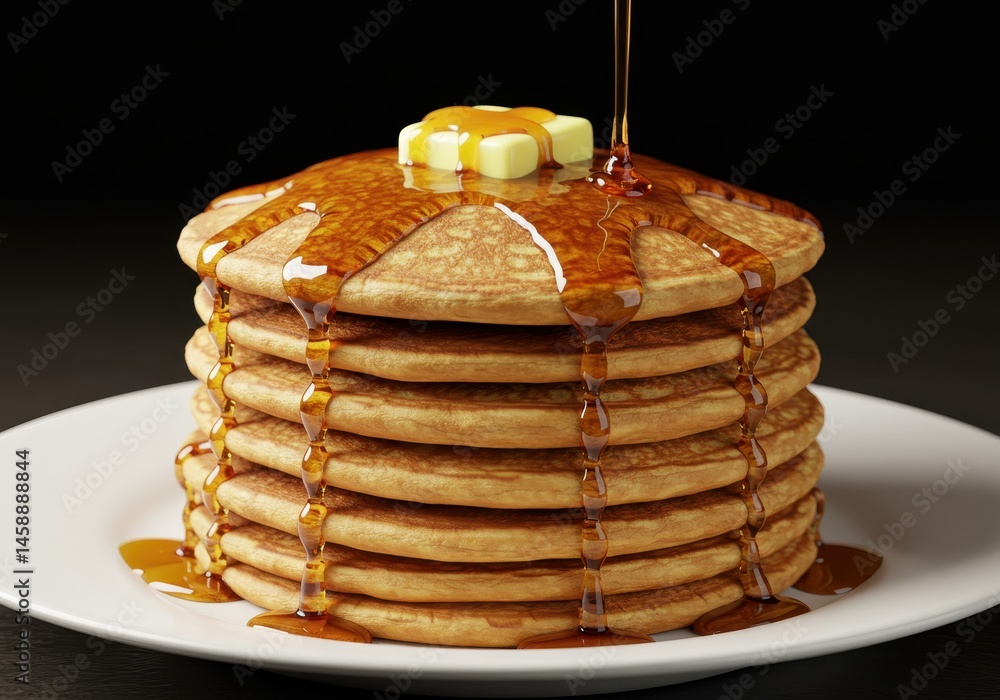 Poster stack of pancakes with butter and syrup being poured on top against a dark background