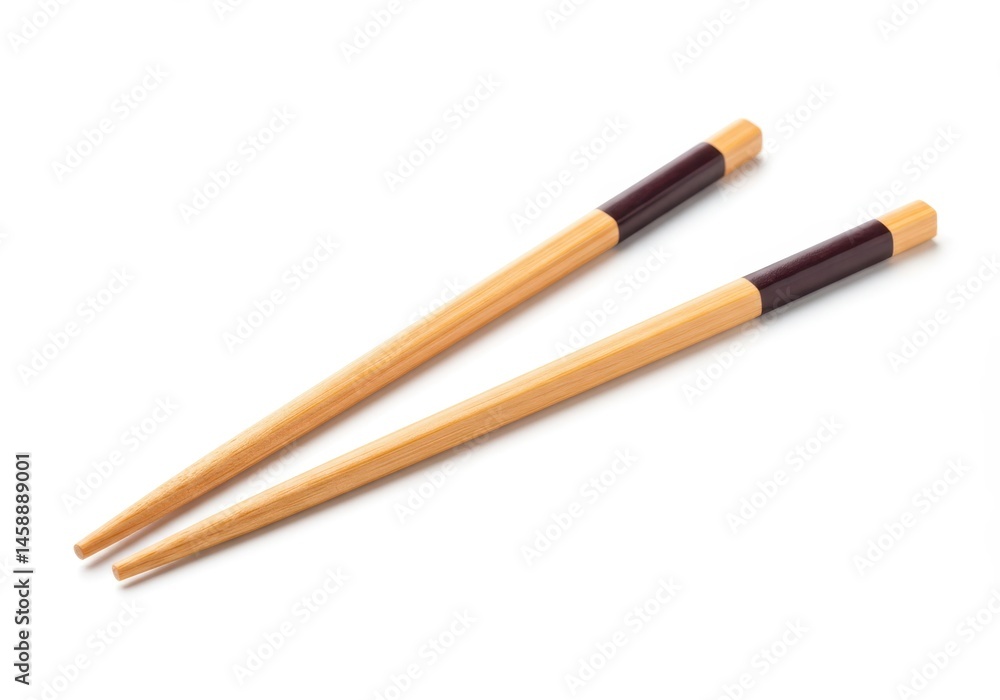 Poster a pair of wooden chopsticks with dark brown accents isolated on a white background in a diagonal com