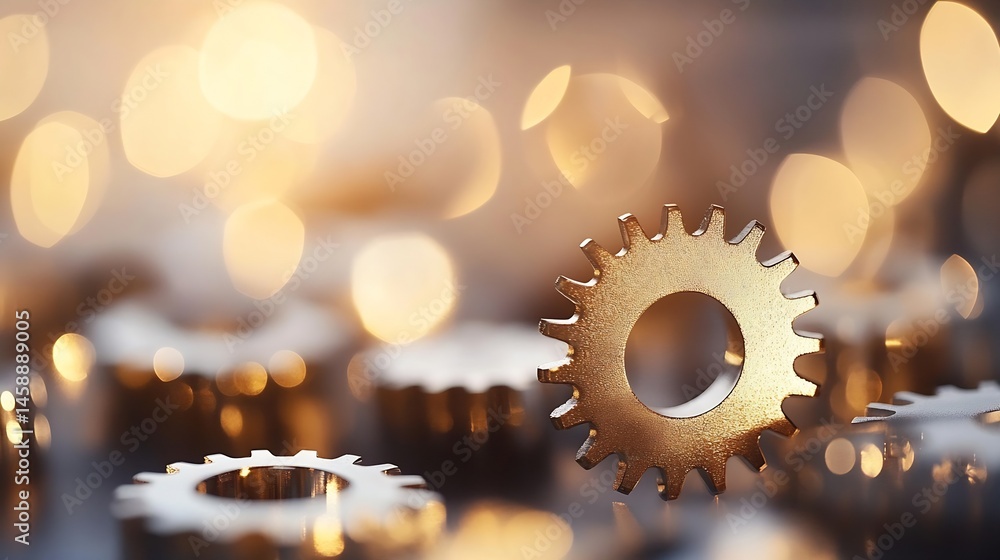 Poster close-up of a golden gear, prominently featured against a bokeh background of warm, blurred lights a