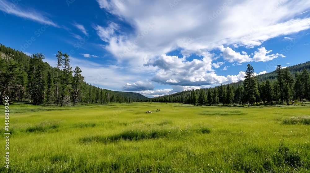 Poster vast green meadow under a vibrant blue sky, surrounded by a dense evergreen forest, with fluffy whit