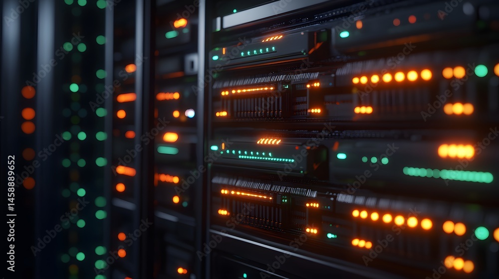 Poster close-up view of illuminated server rack units.