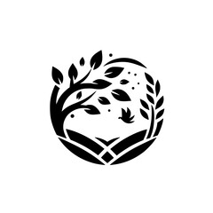 Nature Logo: Black & White Tree, Dove & Landscape in Circle