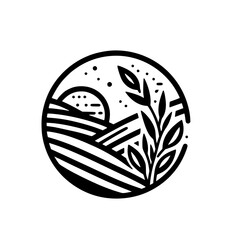 Monochrome Nature Scene in a Circle: Fields, Leaves & Sun Silhouette