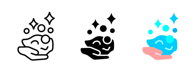 Hand washing icon. Hand with soap foam and sparkle bubbles vector illustration. Hygiene and sanitation symbol. Cleanliness and personal care safety sign. Health protection pictogram.