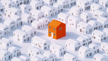 A single orange house amidst many white houses