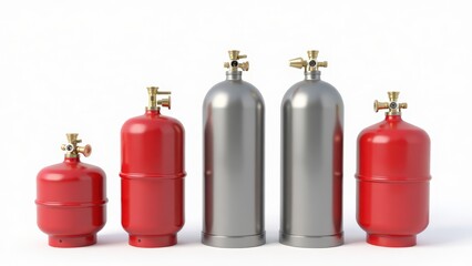 Various Size Gas Cylinders: Red Propane Tanks & Silver Aluminum Compressed Gas Bottles, Industrial Gas Storage and Delivery