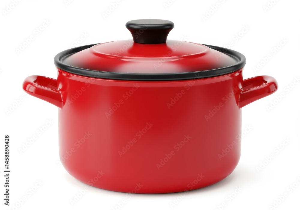Poster a red enameled stock pot with a lid sits on a white background in a studio setting