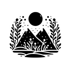 Minimalist Mountain Landscape Silhouette with Sun & Foliage