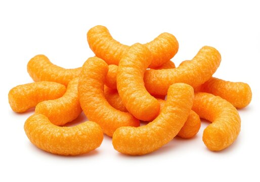Pile of orange cheese puffs snack isolated on white background in a close-up studio shot