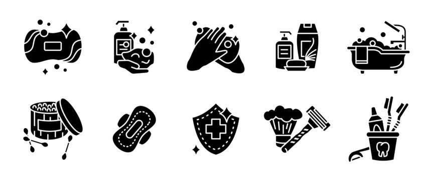 Personal hygiene icon set. Soap, handwashing, toothbrush, skincare products, shaving tools and bath glyph accessories. Cleanliness and daily care routine black symbol. Sanitary care pictogram.