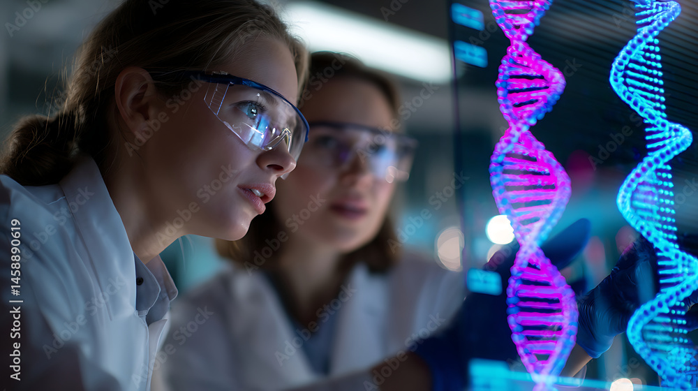 Poster two female scientists are focused on a digital display of a dna double helix in a modern laboratory 