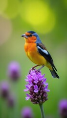 Fototapeta premium Colorful finch perched on purple flower, meadow background, sharp focus, bloom, bird, flower