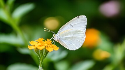 Fototapeta premium A delicate white butterfly with black specks rests gently on a vibrant yellow lantana flower, its wings showcasing intricate vein patterns against a blurred green background. : Generative AI