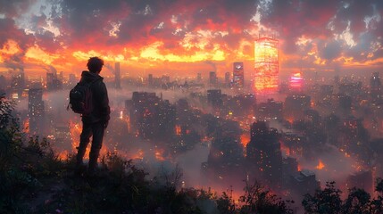 Obraz premium Lone figure overlooking a futuristic city at sunset.
