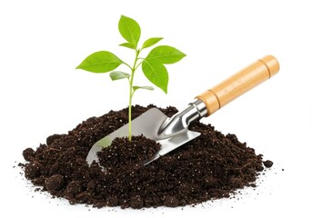 Young plant growing in soil with a gardening trowel resting on the mound against a white background