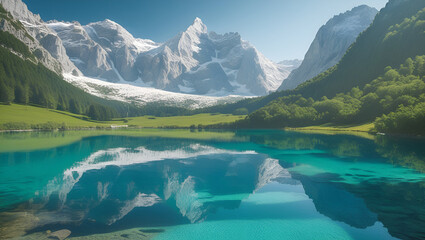 A stunning turquoise mountain lake, Lake Jasna, mirrors the towering, snow-capped peaks of the majestic Alps in the heart of serene,