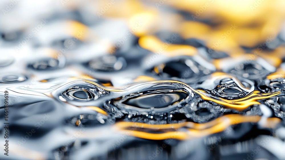 Fototapete Abstract close-up of shimmering, metallic liquid with subtle gold highlights, creating a dynamic and reflective surface texture. : Generative AI